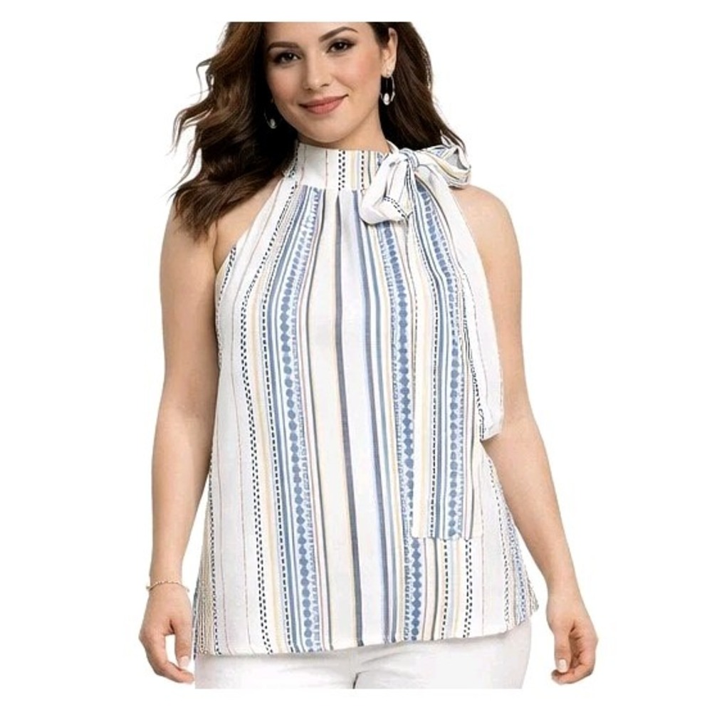 LULUS Size Small Topsail Blue and Yellow Striped Tie Neck Top Chic Halter Blouse